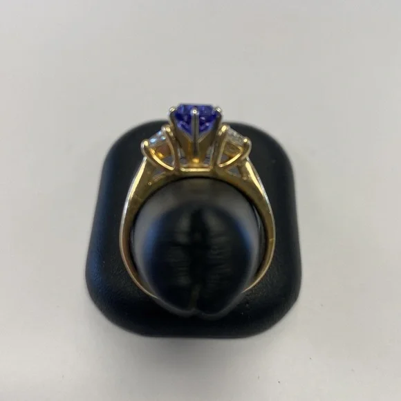 14k yellow gold tanzanite and trillion cut diamond 3 stone ring size 5.5